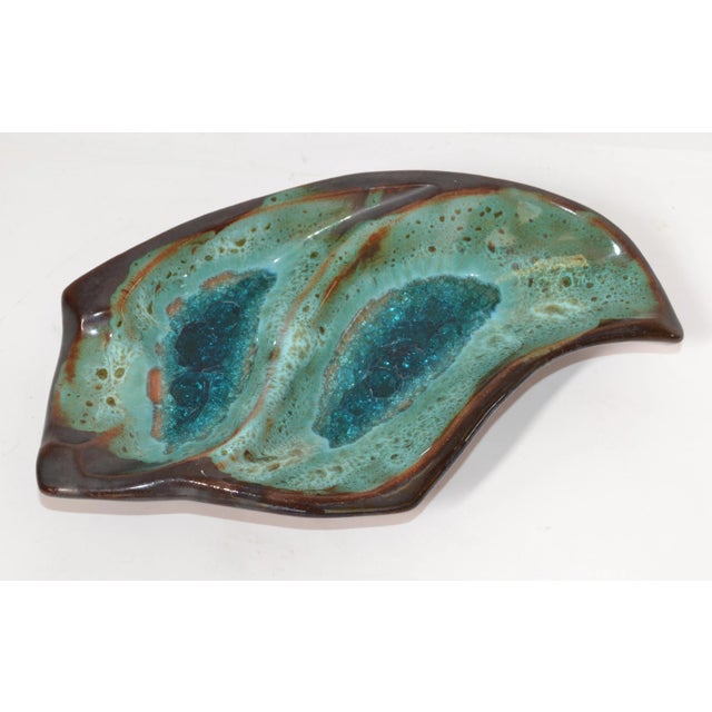 Vintage Mid-Century Modern glazed art pottery, ceramic decorative bowl, two compartment dish, vide poche in brown and...