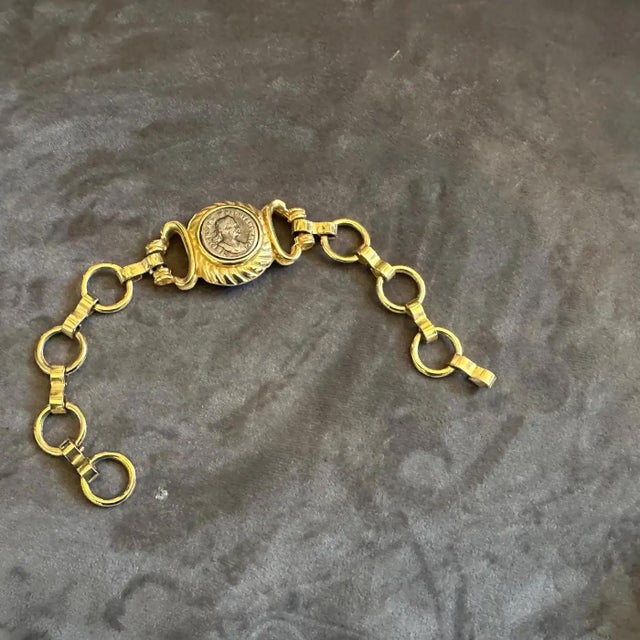 1990s Bulgari Inspired Neo Classical Brass Italian Coin Bracelet For Sale - Image 6 of 10