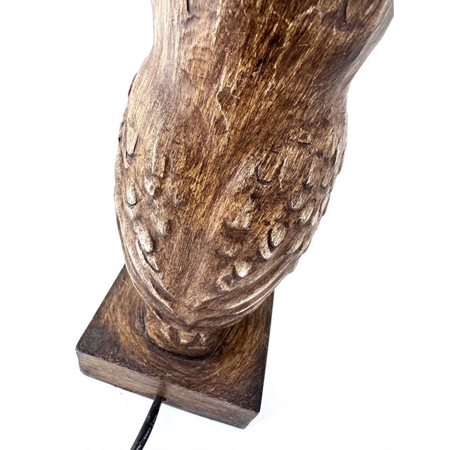 Metal Vintage Owl Large Resin Faux Wood Owl Bedside Tabletop Lamp For Sale - Image 7 of 12