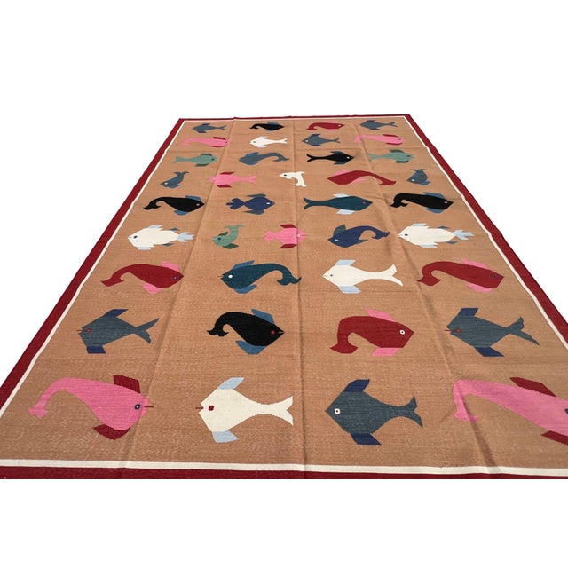 Tan Handmade Cotton Vegetable Dyed Flat Weave Area Rug, Tan, Red Fish Patterned Dhurrie - 9'x12' For Sale - Image 8 of 16