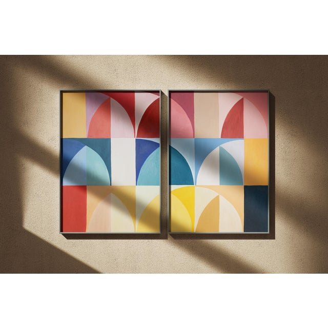 2029, Modern Bauhaus Patterns of Italian Vintage Parasols, Primary Tones Original Painting Diptych on Paper by Natalia Roman For Sale - Image 9 of 10