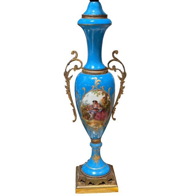 French Antique Sevres Blue Scenic Porcelain Urn Now Table Lamp For Sale - Image 3 of 4