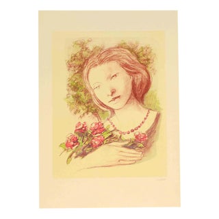 Domenico Purificato, Ragazza con Rose, Lithograph, 1980 For Sale