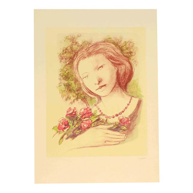 Domenico Purificato, Ragazza con Rose, Lithograph, 1980 For Sale