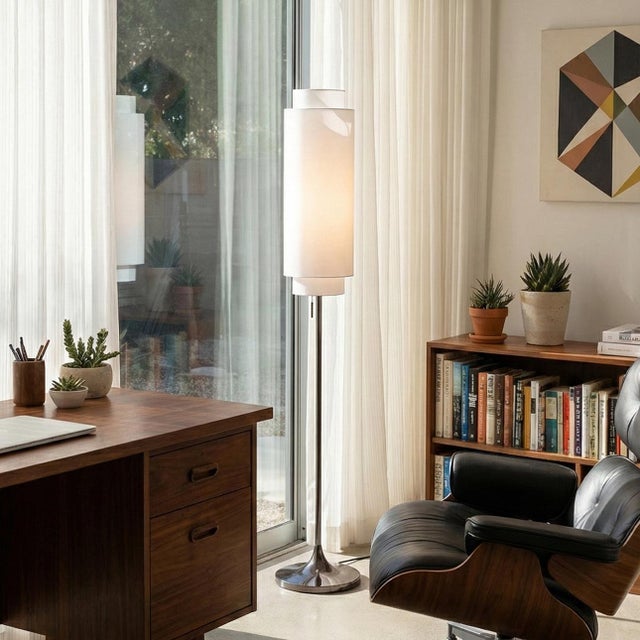 Mid-Century Modern Lollipop Floor Lamp - Black Nickel, White Linen Double Shade, on/Off Pull Chain For Sale - Image 3 of 16