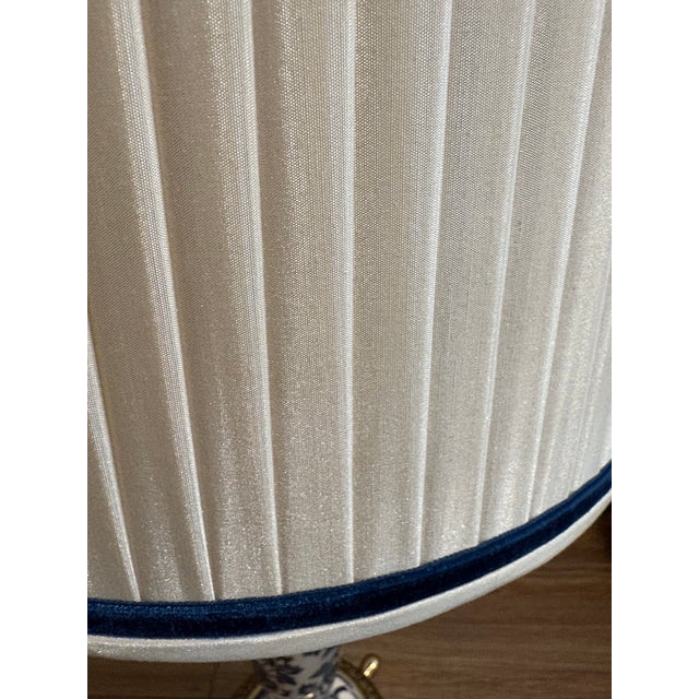 Navy Blue Vintage Blue/ Ivory Frederick Cooper Table Lamp Brass Lion Finial Pleated Silk Shade W Blue Silk Velvet Trim For Sale - Image 8 of 12