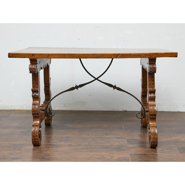 Spanish 18th Century Walnut Fratino Table with Carved Legs and Iron Stretcher For Sale - Image 11 of 12