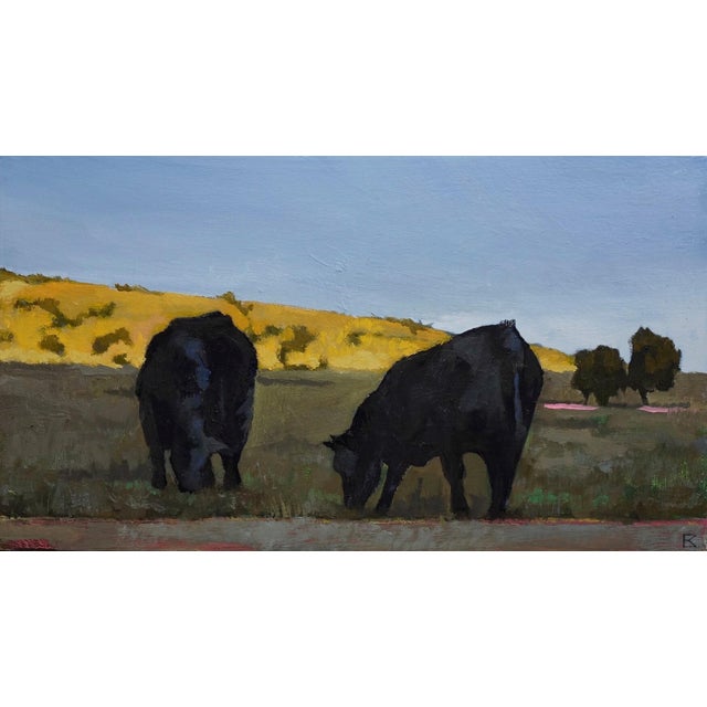 Evening Glow by Emma Kalff | Oil on panel of cows grazing in a field at sunset For Sale