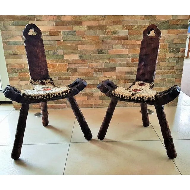 Set of Mid-Century French Wood and Wool Side Chairs, 1960s, in Very Good conditions. Designed 1960 to 1969