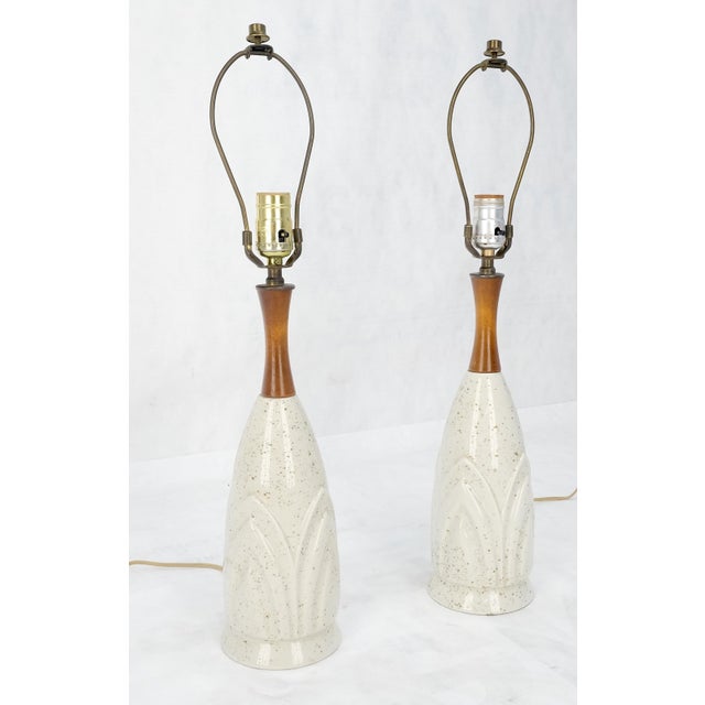 Mid 20th Century Pair Mid Century Lotus Motive Ceramic Pottery & Turned Walnut Bases Table Lamps For Sale - Image 5 of 8