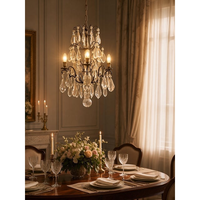 An elegant mid-century Italian cage chandelier dating from the 1940s. This classic fixture features a finely crafted...
