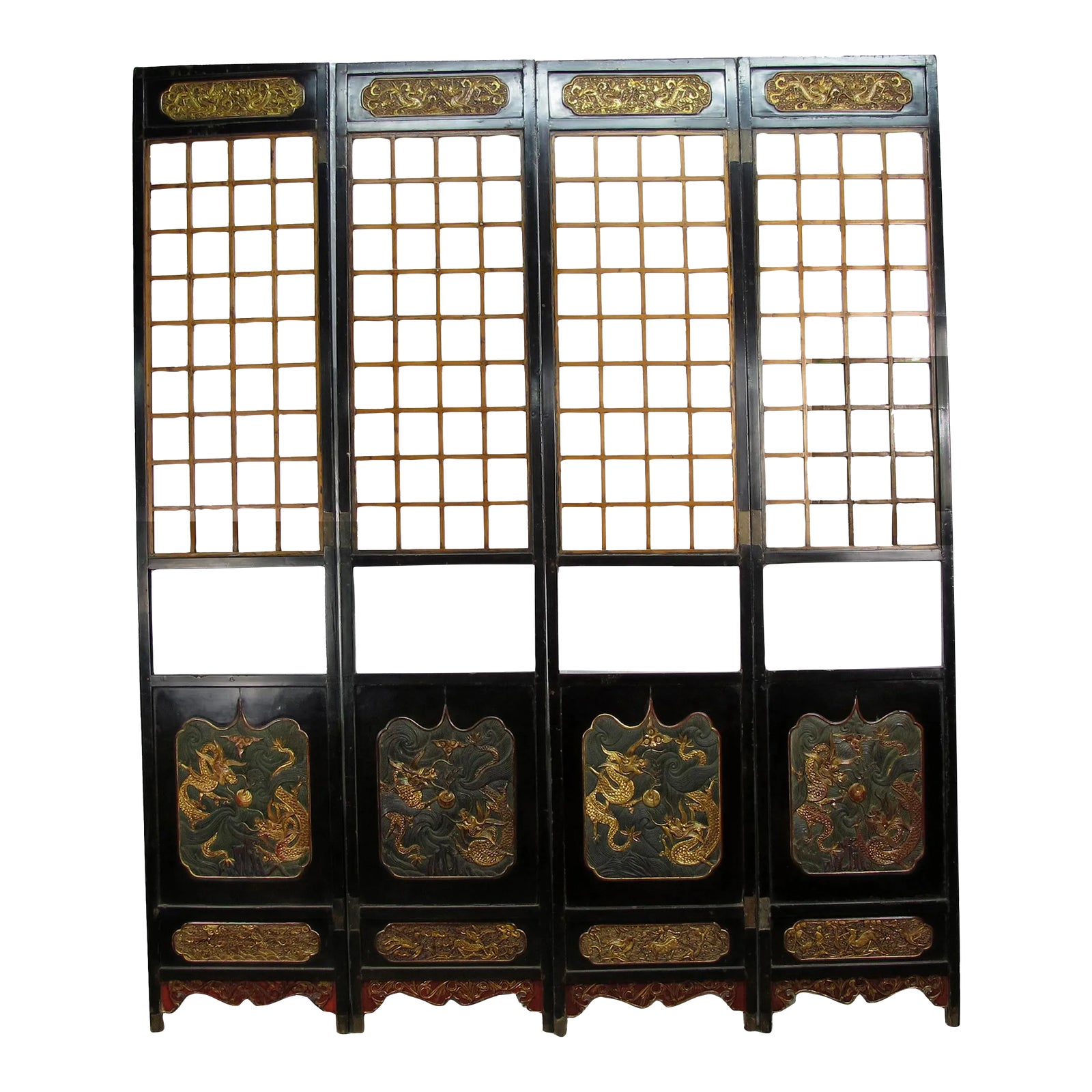 Antique Chinese Room Divider W Hand Carved & Gilded Dragons on Both