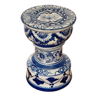 Vintage Hand-Painted Blue & White Ceramic Garden Stool For Sale