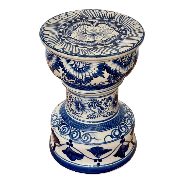 Vintage Hand-Painted Blue & White Ceramic Garden Stool For Sale