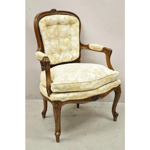 Vintage Heritage French Country Louis XV Style Cane Back Fauteuil Arm Chair. Item features a solid wood frame, distressed...