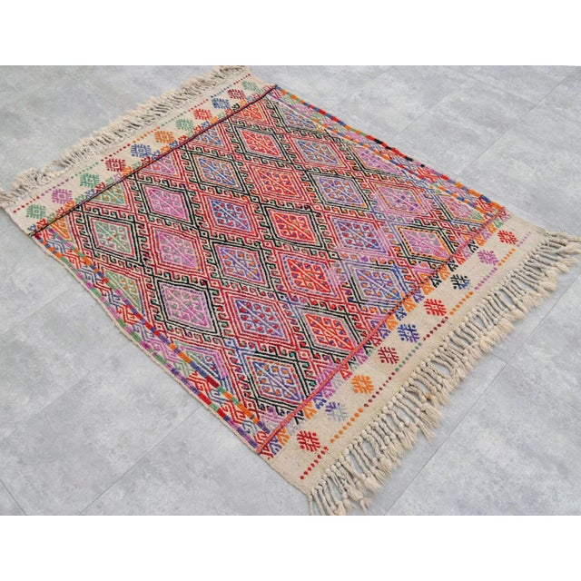 Beige Vintage Hand Woven Kilim Rug. Turkish Jajim Wool Kilim Sofreh Deco Rug Embroidered - 3′5″ X 4′5″ For Sale - Image 8 of 12