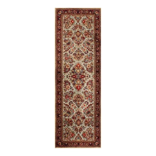 1930s Turquoise Teal Abstract Floral Antique Persian Sarouk Rug 2'7" X 8'0" Knotted Wool Carpet For Sale