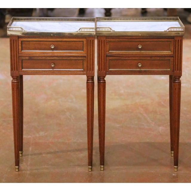 French Pair of Vintage French Louis XVI Marble Top Mahogany Two-Drawer Nightstands For Sale - Image 3 of 14