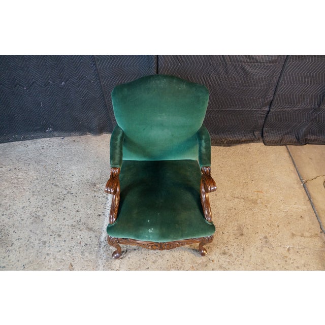 Wood Victorian Revival Carved Mahogany Velvet Upholstered Library Reading Armchair For Sale - Image 7 of 18