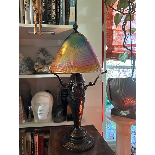 2000 - 2009 Quoizel Salamander Starry Night Lamp - Tiffany Style Art Glass Shade by Todd Phillips- Signed For Sale - Image 5 of 9