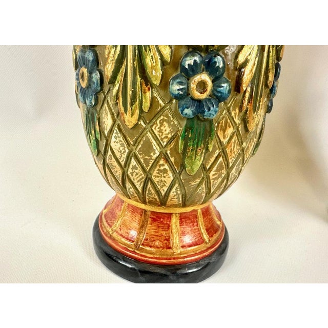 Brown Neoclassical Polychrome Hand Painted Vases, 1980s, Set of 2 For Sale - Image 8 of 13