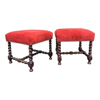 Barley Twist Wood Ottomans Footstools Benches in Red Ultra Suede With Brass Studs- a Pair For Sale