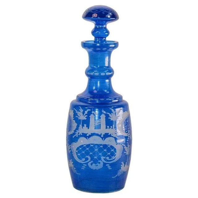 Antique Bohemian Blue Engraved Glass Bottle Covered Decanter For Sale - Image 13 of 13