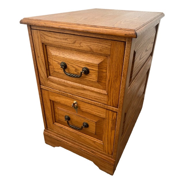 Vintage Tiger Oak File Cabinet Two Drawers One Locks Paneled Sides Legal Size For Sale