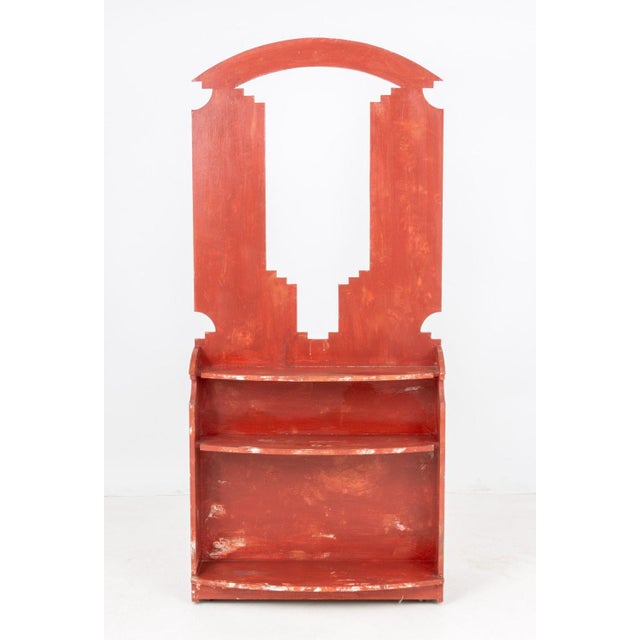 Native American Inspired Red Painted Wood Display Shelf, the upper portion with T-shaped window above two shelves on...