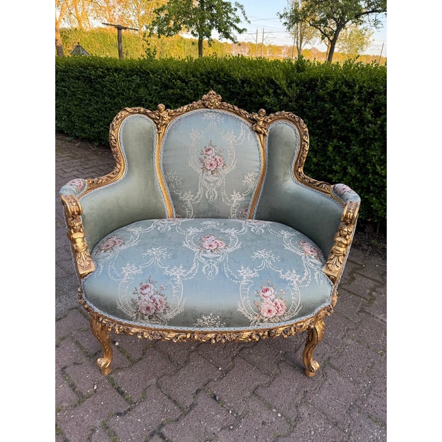 1950 French Louis XVI Gold Beech Damask Settee - 1 Pc For Sale - Image 14 of 14