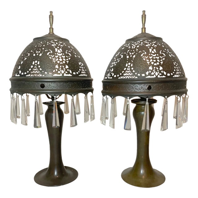 Antique Ornate Patinated Bonze Austrian Reticulated Electric Table Lamps - a Pair For Sale