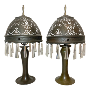Antique Ornate Patinated Bonze Austrian Reticulated Electric Table Lamps - a Pair