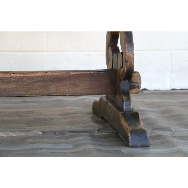 1940s French Oak Farmhouse Dining Table | Antique Rustic Trestle Base | Provincial Country For Sale - Image 4 of 14