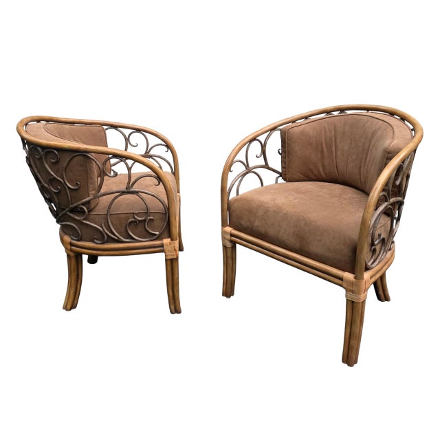 Metal Pair of Maitland-Smith Hollywood Regency Wooden Faux-Bamboo Tub Chairs With Wrought-Iron Scrollwork, Philippines For Sale - Image 7 of 14