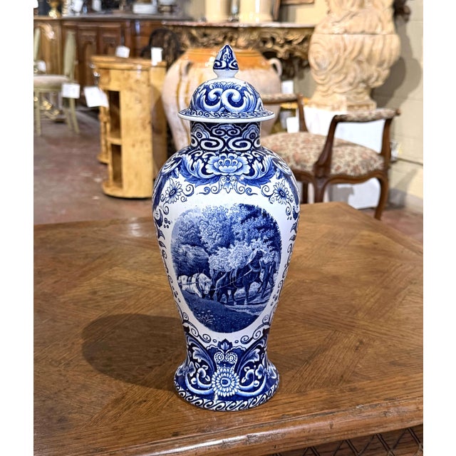 Mid 20th Century Mid-Century Dutch Delft Blue and White Lidded Ceramic Vase by Maastricht For Sale - Image 5 of 9