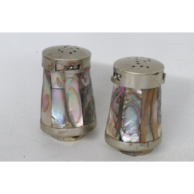 Mexican Salt and Pepper Shaker Pair 2pc Alpaca Silver Abalone Shell 5191b For Sale - Image 10 of 14