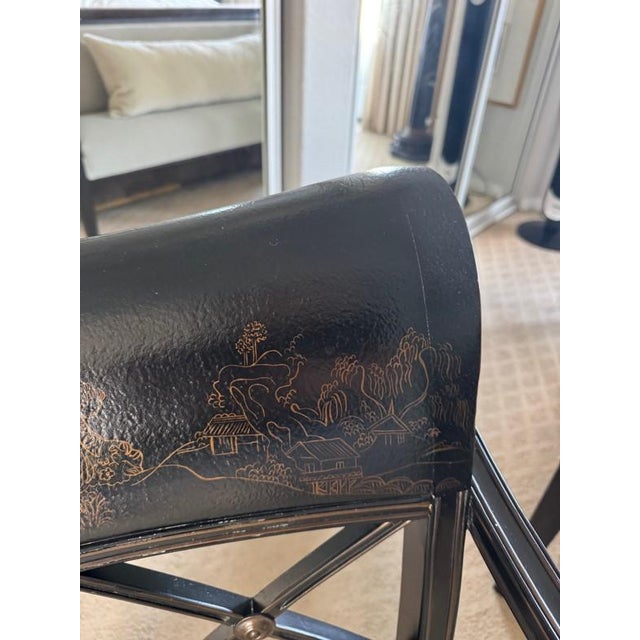 Textile Late 20th Century Pair of Regency-Style Chinoiserie Ebonized Armchairs With Hand-Painted Scenic Decoration, Upholstered in Kravet Versailles Velvet For Sale - Image 7 of 11