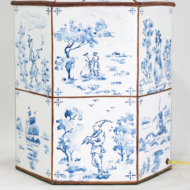 A Pair of Vintage Hand-Painted Blue and White Imitation Dutch Tile Landscape Tea Can Table Lamps For Sale - Image 9 of 14