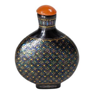 19th Century Chinese Lac Burgaute Snuff Bottle With Abalone, Mother of Pearl and Gold Inlay