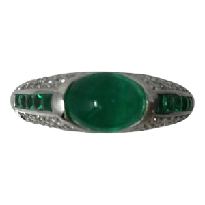 Late 20th Century 18k White Gold and 1.5ct Oval Cabochon Cut Emerald Ring Size 6.5