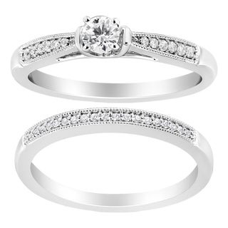 .925 Sterling Silver 1/3 Cttw Diamond Classic Engagement Ring Bridal Set with Milgrain (I-J Color, I3 Clarity) - Ring - Size 10 For Sale