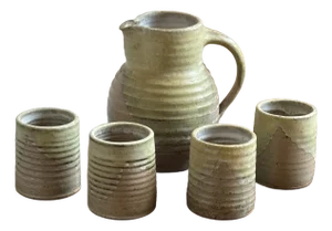 Vintage Hand-Thrown Artisanal Stoneware Pitcher & Tumblers -- A Set