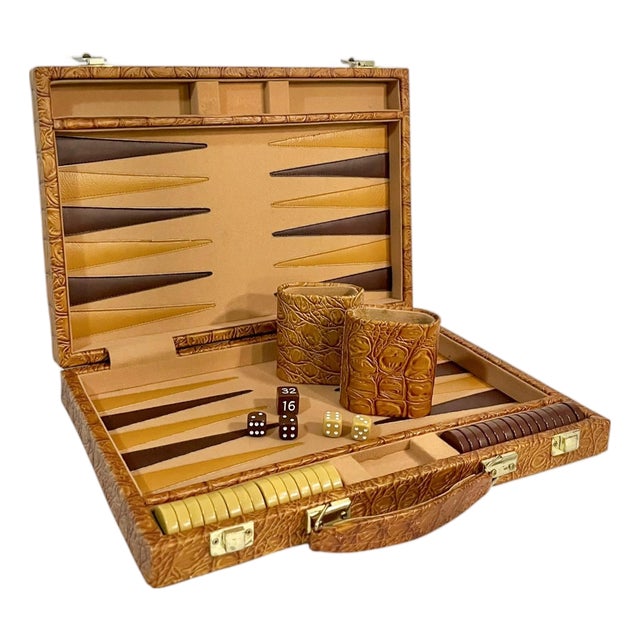 Vintage Mid-Century Backgammon Game Set Faux Crocodile Travel Case For Sale