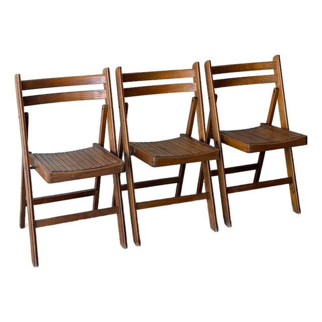 Set of 3 Vintage Modern Folding Wooden Chairs – Sculptural Slat Seat For Sale