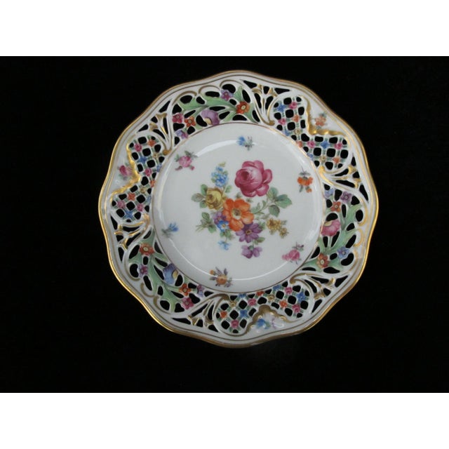 Dresden Porcelain Early 20th Century Dresden Carl Schumann Bavaria Chateau Floral 6 1/4" Pierced Bread Plate Set of 8 For Sale - Image 4 of 9