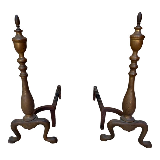 Pair of Antique Brass Andirons For Sale
