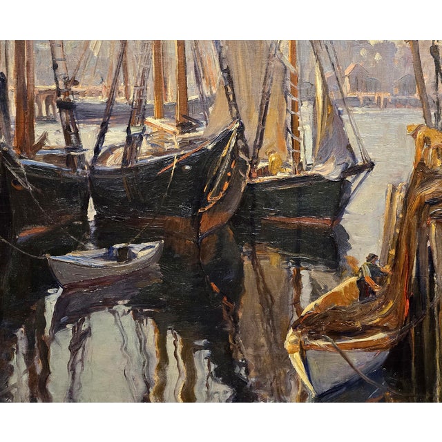 1930s Émile Albert Gruppe–Boats in Gloucester Harbor at Sunset, C. 1930s–Oil on Canvas For Sale - Image 5 of 11
