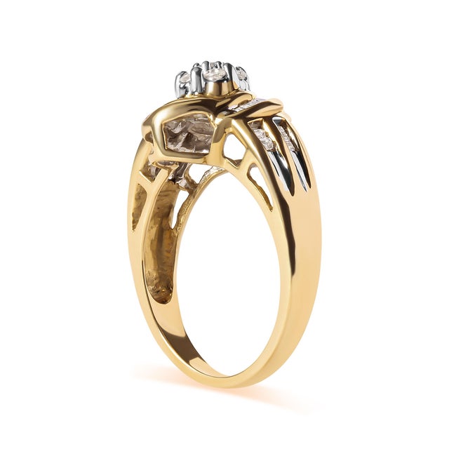 Contemporary 10K Yellow Gold 1/2 Cttw Round and Baguette Diamond Flower Swirl Cocktail Ring (I-J Color, SI2-I1 Clarity) - Ring Size 7 For Sale - Image 3 of 6