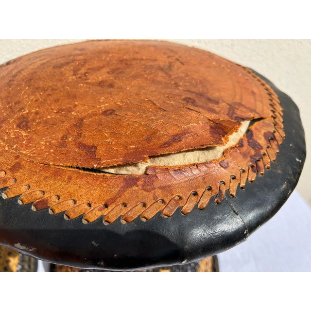 Pair of Vintage Boho 1970’s Wicker and Leather Stools For Sale - Image 11 of 12