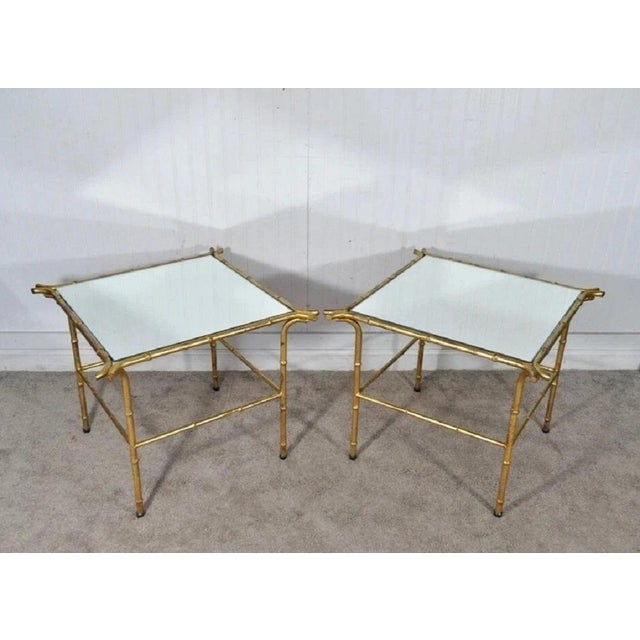 Vintage Italian Hollywood Regency Faux Bamboo Gold Mirror Low Side Tables - Pair For Sale In Philadelphia - Image 6 of 10